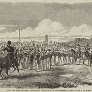 Admiral Sir Michael Seymour presenting the Victoria Cross, on Southsea-Common, to Three of the Naval Brigade engaged at Simonosaki (engraving)