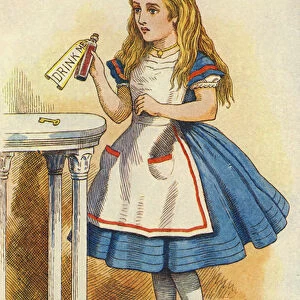 Alice discovers a bottle marked "Drink Me"(colour engraving)