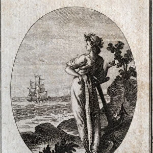 Allegory of hope rests on an anchor and observing a ship on the horizon