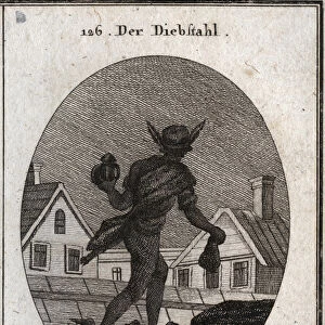 Allegory of theft represented by a man walking in the night with a deaf lantern