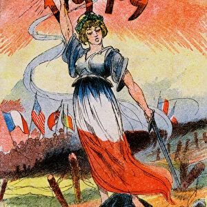 Allegory of the year 1919, represented as Marianne vetted in blue, white, red
