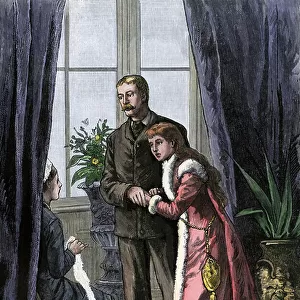 American daily life: young couple in love asking permission to marry the young woman's mother, circa 1880. Engraving in colour, from 19th century illustration