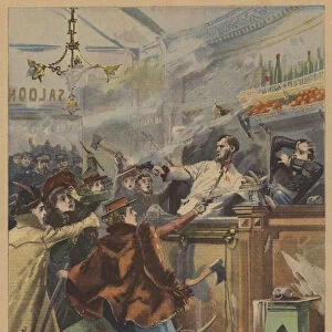 American women temperance campaigners attacking a saloon (colour litho)