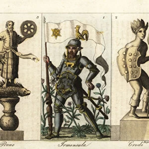 Ancient Germanic gods: Irmensula, Crodo and Prono (handcoloured copperplate engraving)