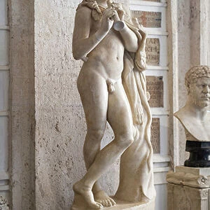 Ancient marble statue of young satyr with flute (marble)