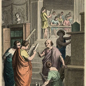 Ancient Rome: Selling and manufacturing books, 1866 (coloured engraving)