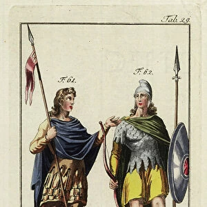 Anglo Saxon soldiers in suits of armor, 9th and 10th century. 1796 (engraving)