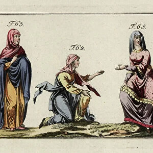 Anglo Saxon women's costumes. 1796 (engraving)