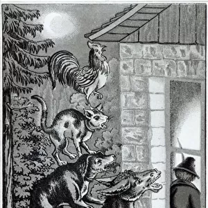 The Four animals shouting at the window, illustration for