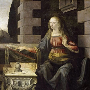 Annunciation. Detail of the Virgin Mary and her desk, decorated with a shell of St