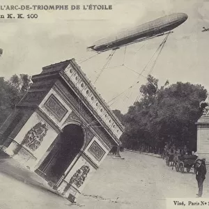 Arc de Triomphe being lifted up by a zeppelin (b / w photo)