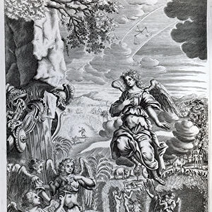 The archangel Uriel informs Gabriel that Satan is in the Garden of Eden, illustration