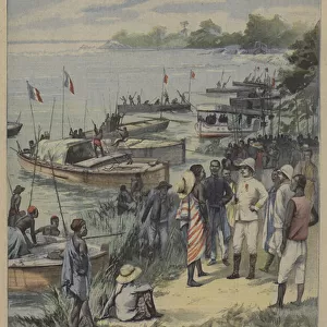 Arrival of French explorer Eugene Lenfants expedition on the shores of Lake Chad (colour litho)