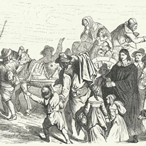 Arrival of French Huguenot immigrants in Brandenburg after the Great Elector Frederick William issued the Edict of Potsdam in 1685 (engraving)