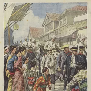 Arrival in Tokyo of the first wounded soldiers who took part in the battle of Ya-lu, on May 1 (colour litho)
