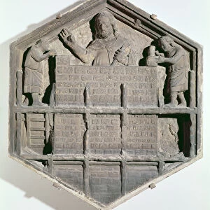 The Art of Building, hexagonal decorative relief tile from a series depicting