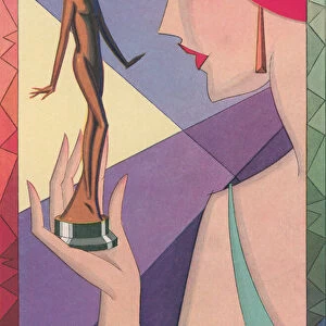 Art Deco Illustration of a Woman with a Golden Statuette, 1926 (screen print)
