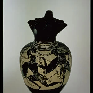 Athenian black-figure oinichoe decorated with two fighting warriors (ceramic)
