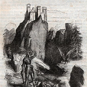 Atlant defeated by Bradamante - engraving of 1851 from "Furious Roland"