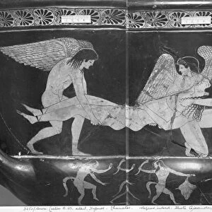 Attic red-figure calyx krater depicting Hypnos and Thanatos carrying the body of Sarpedon (ceramic) (detail of 224692) (b / w photo)