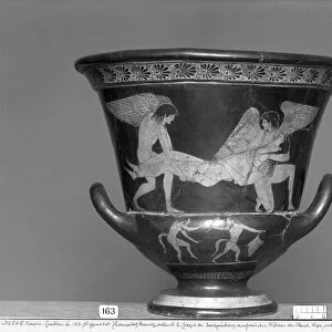 Attic red-figure calyx krater depicting Hypnos and Thanatos carrying the body of Sarpedon (ceramic) (b / w photo)