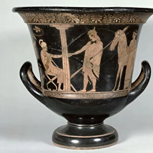Attic red-figure kalyx krater depicting a Hoplite returning from the war (ceramic