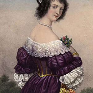 Attractive girl in purple dress with lace trimmings (coloured lithograph)