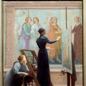 Au Louvre (two women copying the fresco by Botticelli) Painting by Etienne Azambre