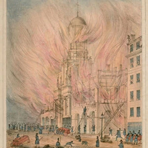 The awful destruction of the Royal Exchange, London, by fire on the night of 10 January 1838 (coloured engraving)