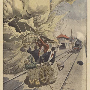 A balloon landing on a railway line in the path of an approaching express train (colour litho)