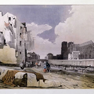 The banks of the Seine and Notre Dame de Paris - lithography, 19th century