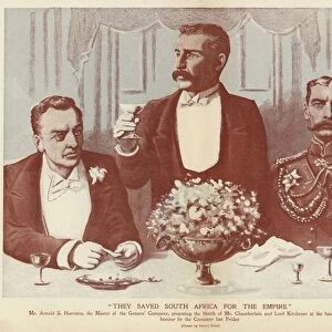 Banquet in honour of Joseph Chamberlain and Lord Kitchener at the Grocers Company, City of London, 1902 (litho)