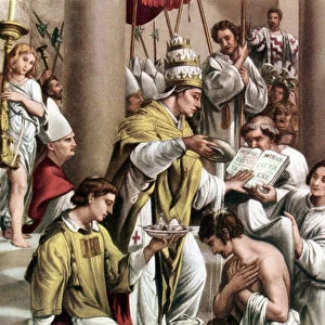 Baptism of Constantine, from a Set of Religious Educational Postcards, c. 1950 (colour litho)