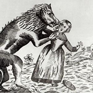 The Beast of Gevaudan Attacking a Young Girl (engraving) (b / w photo)