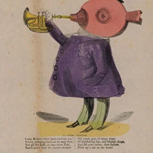 Bellows blowing a horn (coloured engraving)