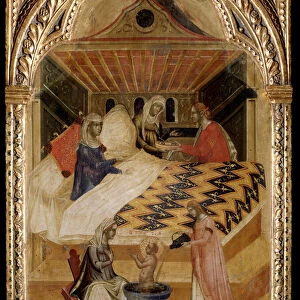 The birth of st Nicholas of Myra - oil on panel, 14th century