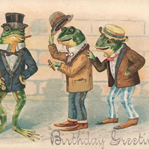Birthday card, frogs wearing human clothes (colour litho)