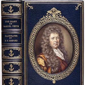 Book cover for The Diary of Samuel Pepys, with an oval portrait of Samuel Pepys