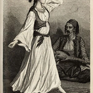 A Bosnian dancer, during a night spent in Diakovar (Bosnia). Engraving to illustrate the memories of travel among the southern Slavs, by Georges Perrot, in 1868, published in "Le tour du monde"1870-1871
