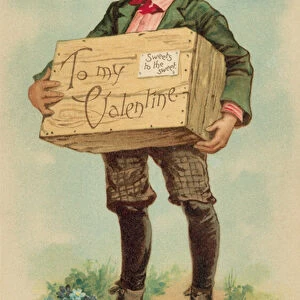 Boy carrying a box of sweets for his Valentine, Valentines greeting car (colour litho)