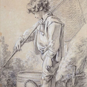 A Boy Holding a Net, 1762 (black and white chalk on blue discolored paper)