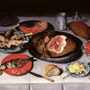 Breakfast piece with a fish, ham and cherries, 1614 (oil on panel)