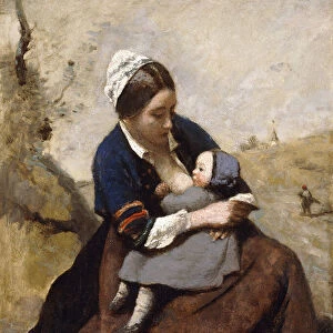Breton Breastfeeding her Child; Bretonne Allaitant son Enfant, 1855-1860 (oil on zinc)