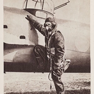 British airman equipped with oxygen mask, radio, electrically heated clothing and a parachute beside a light bomber aircraft (b / w photo)