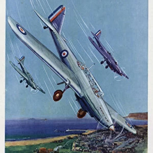 British Fairey Battle light bombers diving towards the ground (colour litho)