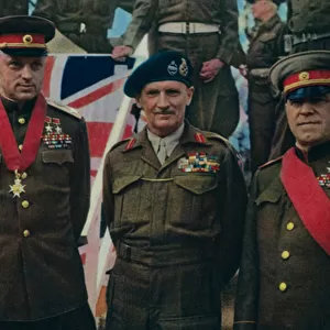 British Field Marshal Bernard Montgomery presenting medals to Soviet Marshals Georgy Zhukov and Konstantin Rokossovsky, Berlin, Germany, 12 July 1945 (photo)