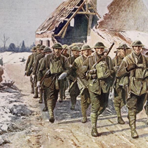 British troops on the march in winter conditions, 1914-19 (colour litho)