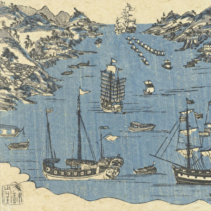 Bunkindo print of foreign ships in the port of Nagasaki, 1800-50 (woodblock print)