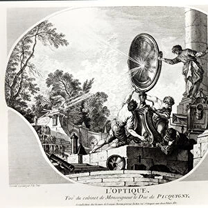 Burning mirror, allegory of Optics, engraved by Charles Nicolas Cochin (1715-90
