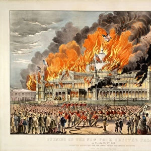 Burning of the New York Crystal Palace, pub. 1858 by Currier & Ives (colour litho)